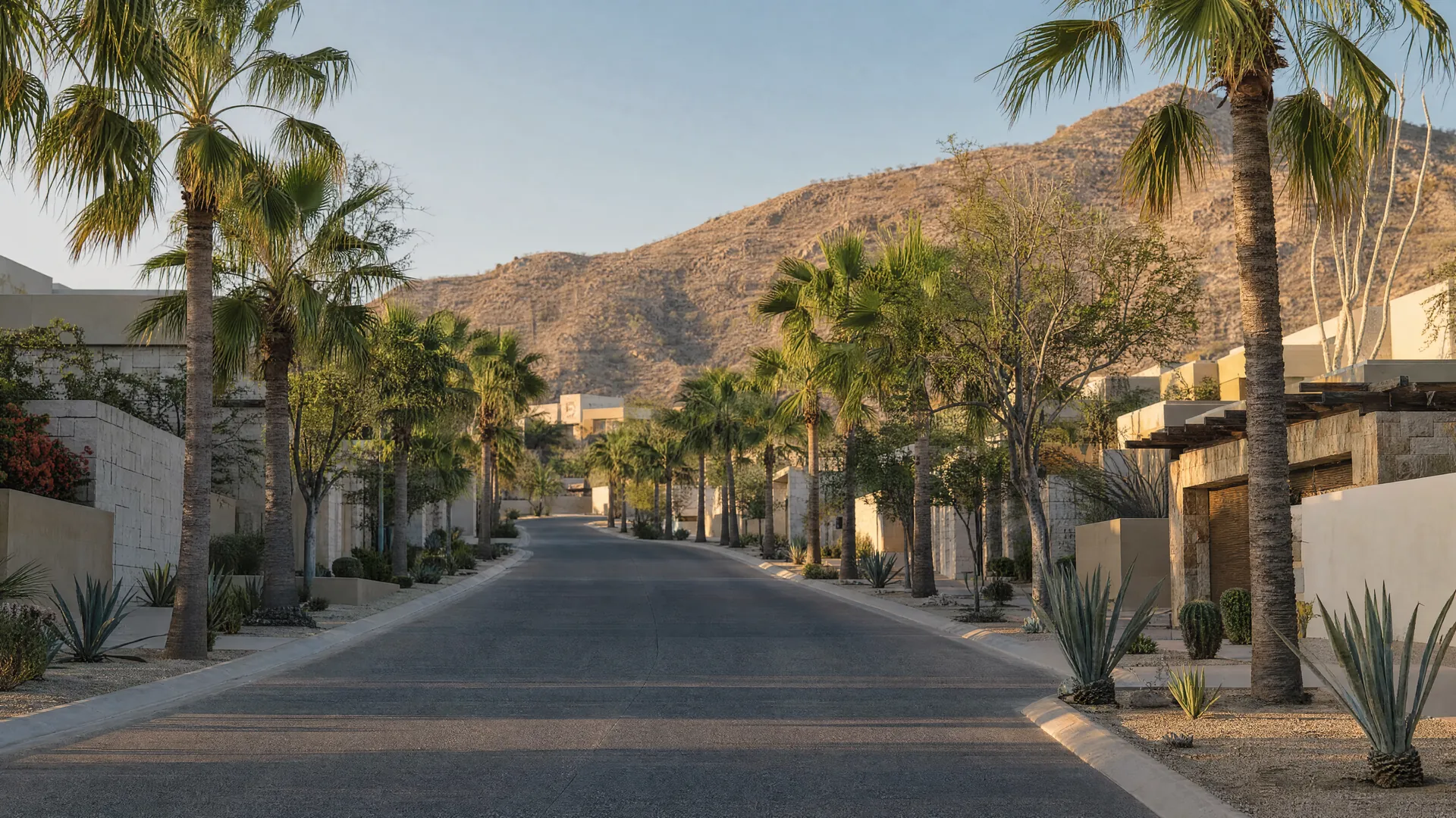 An empty palm-lined boulevard in a development near San José del Cabo in the morning