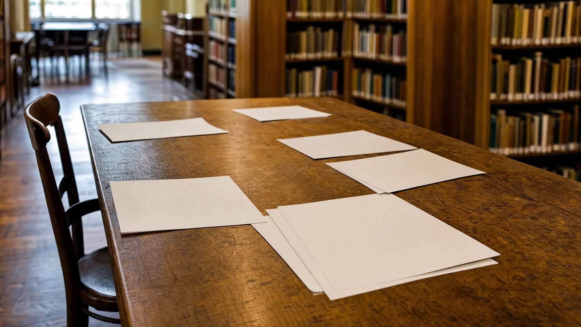 Blank sheets of paper on a long wooden table in soft light