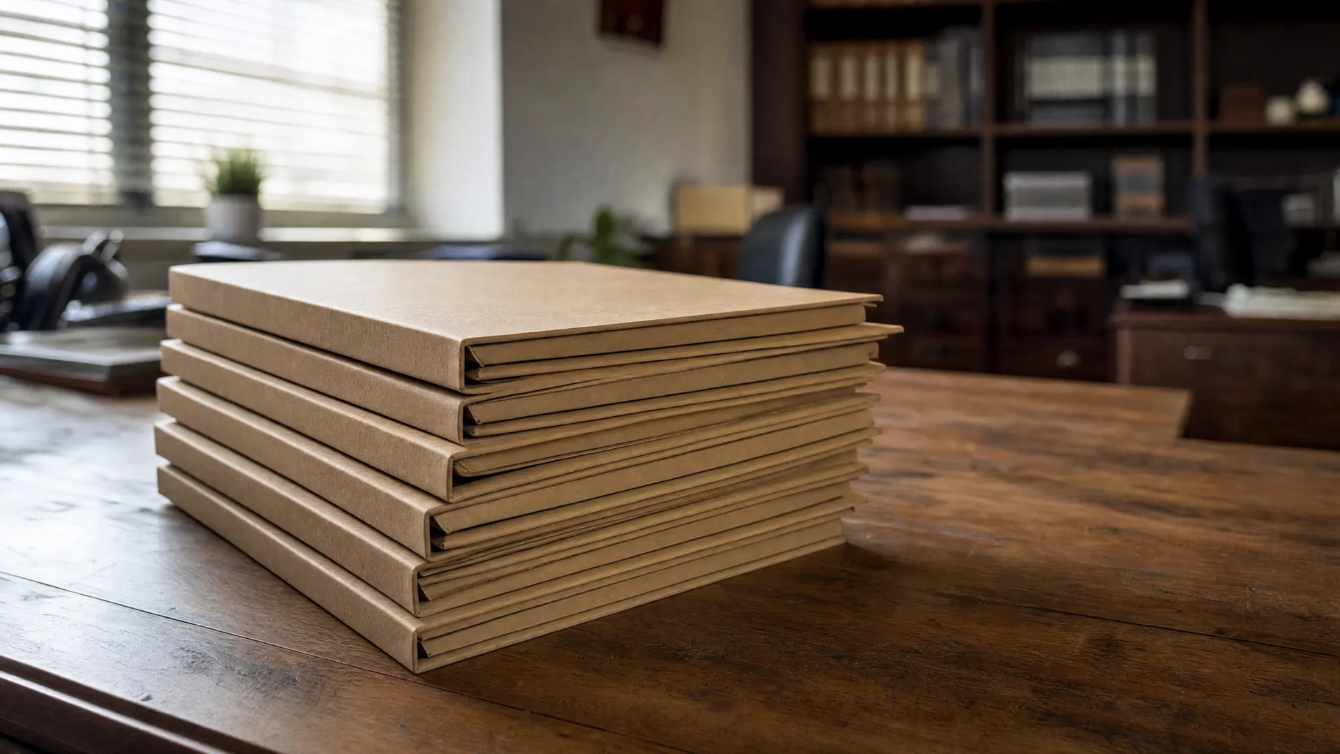 A stack of closed folders on a wooden desk in an office with soft light