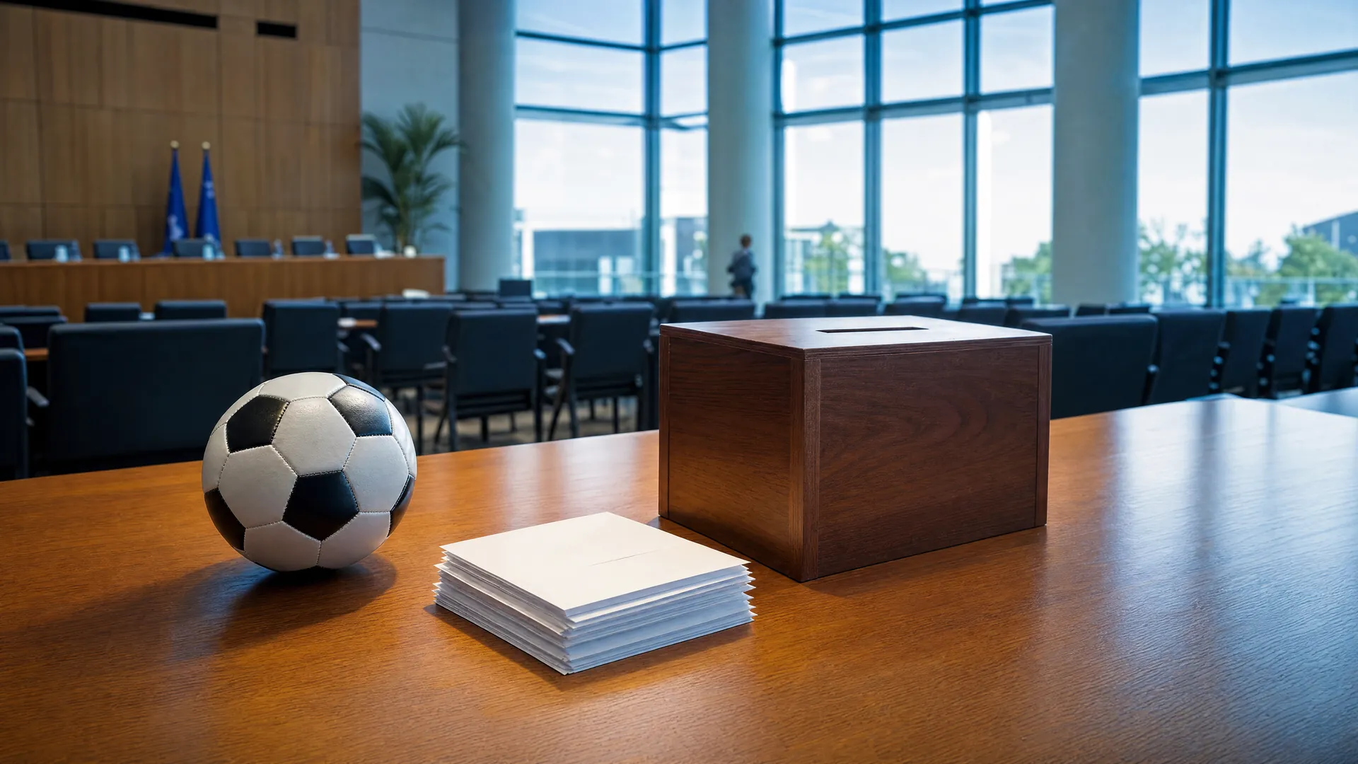 A soccer ball beside blank ballot papers and a wooden ballot box on a conference table in an empty assembly hall lit by morning light.