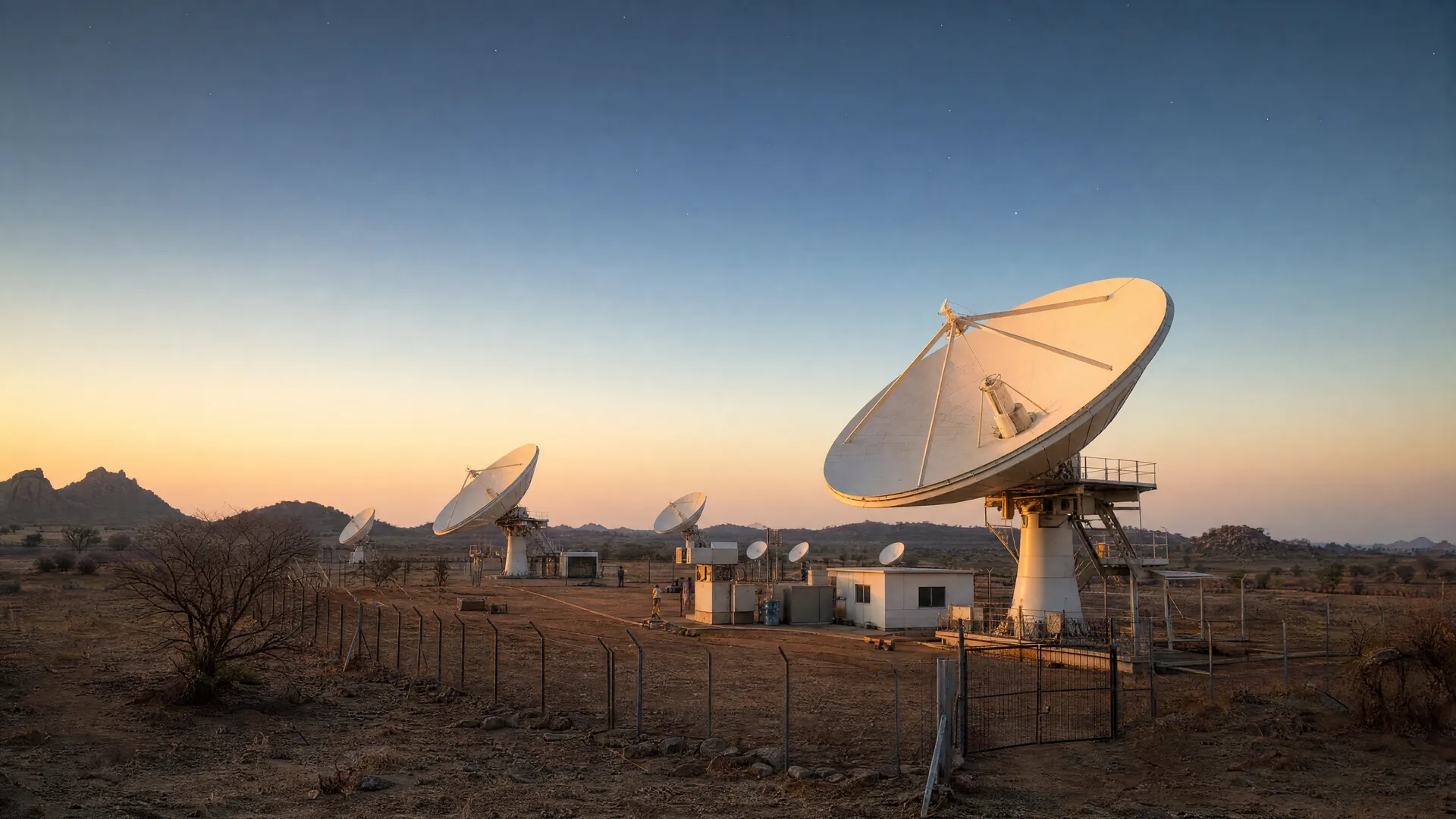 Large white satellite dish antennas at a fenced ground station on a dry plain at dawn, pointed toward a pale sky.