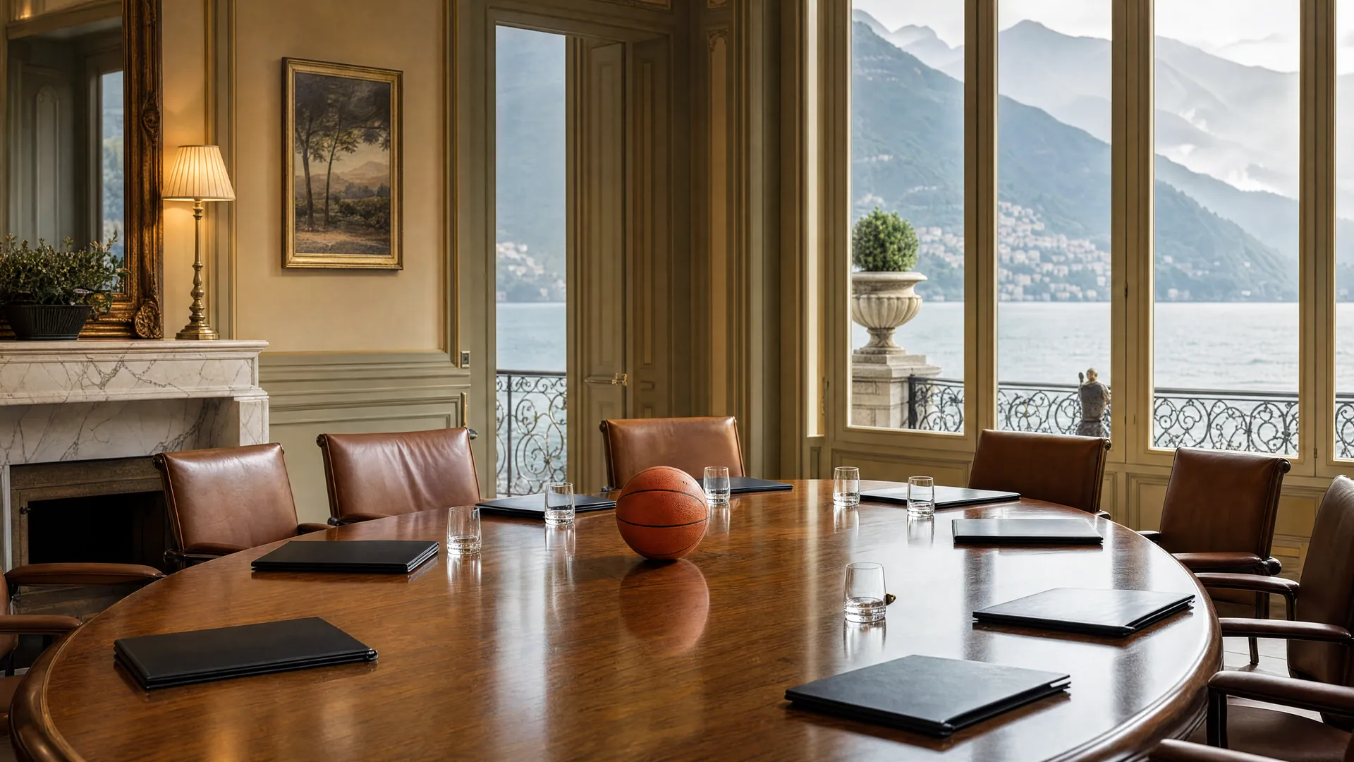 A basketball sits on an empty conference table in a villa meeting room, with tall windows overlooking Lake Como and misty mountains.
