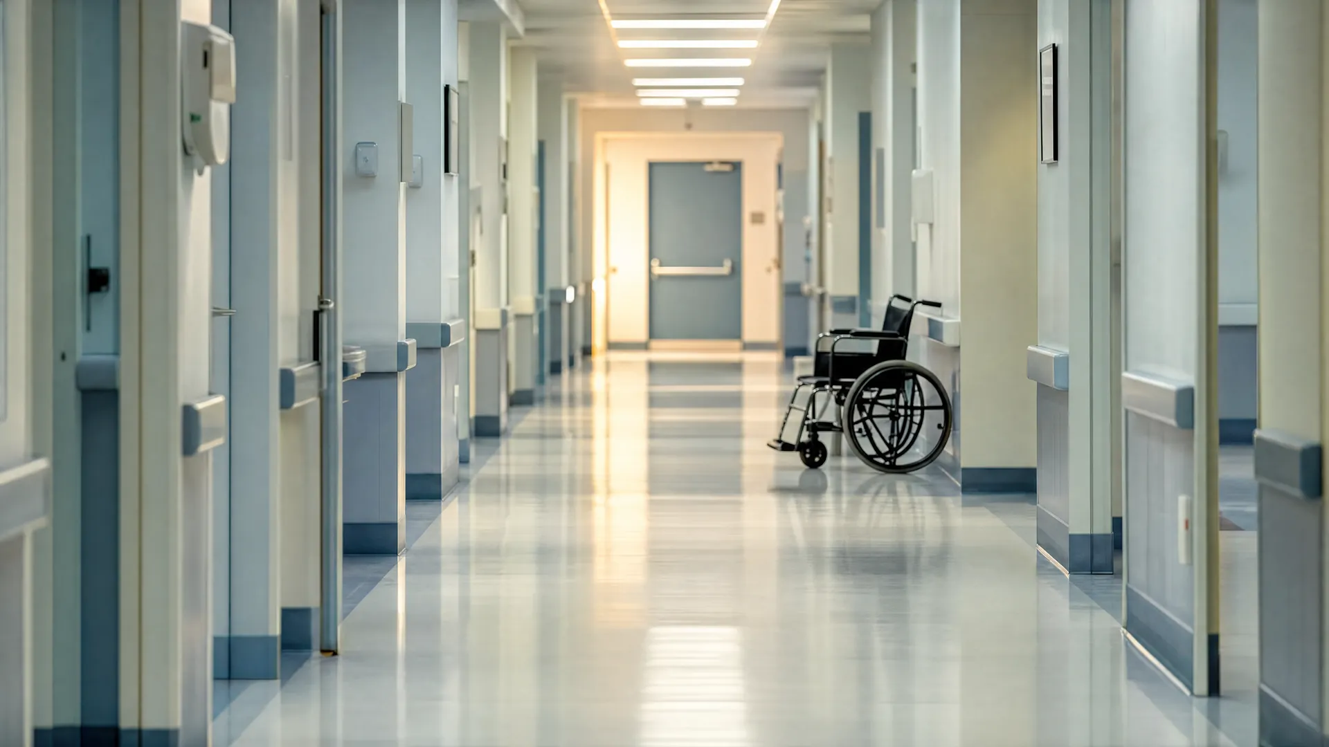 Empty hospital corridor in soft morning light with an unoccupied wheelchair parked against the wall near a closed door at the far end.