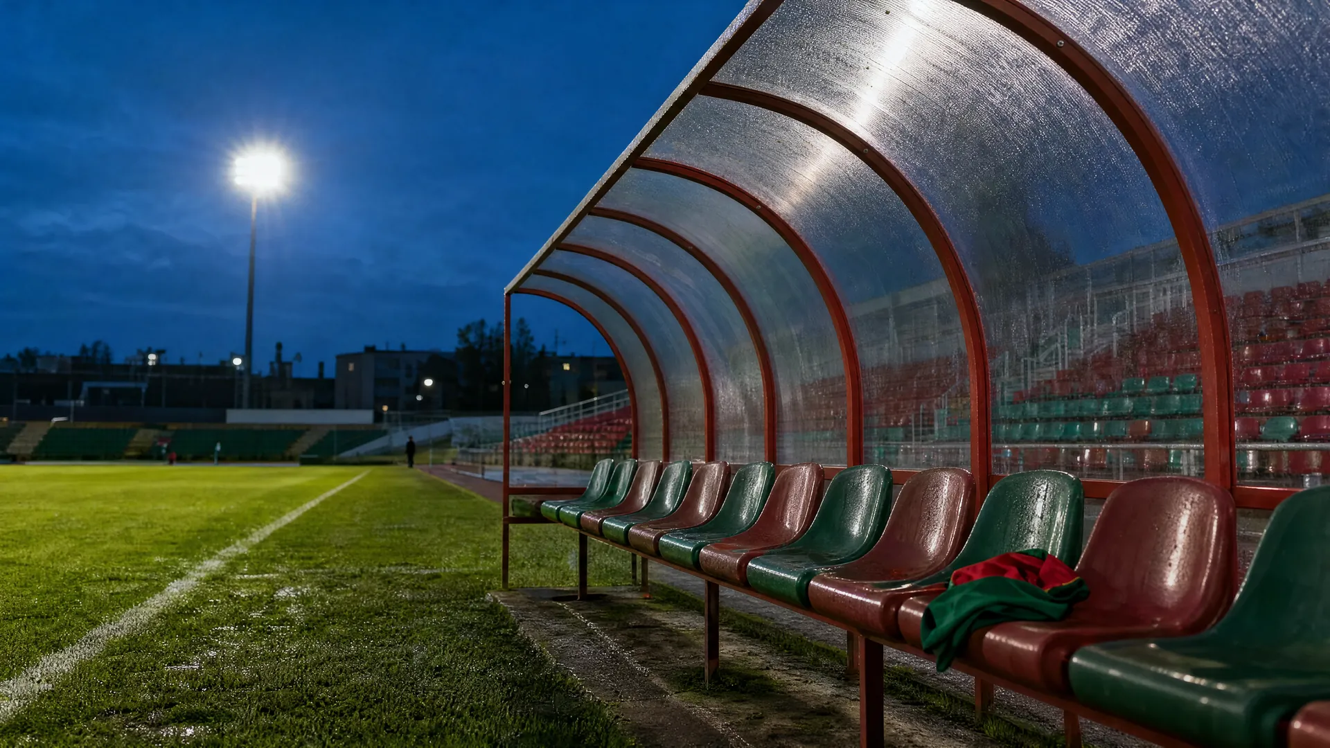 An empty substitutes' bench by a floodlit football pitch at dusk, a red-and-green jacket folded on one seat, with empty stands behind.