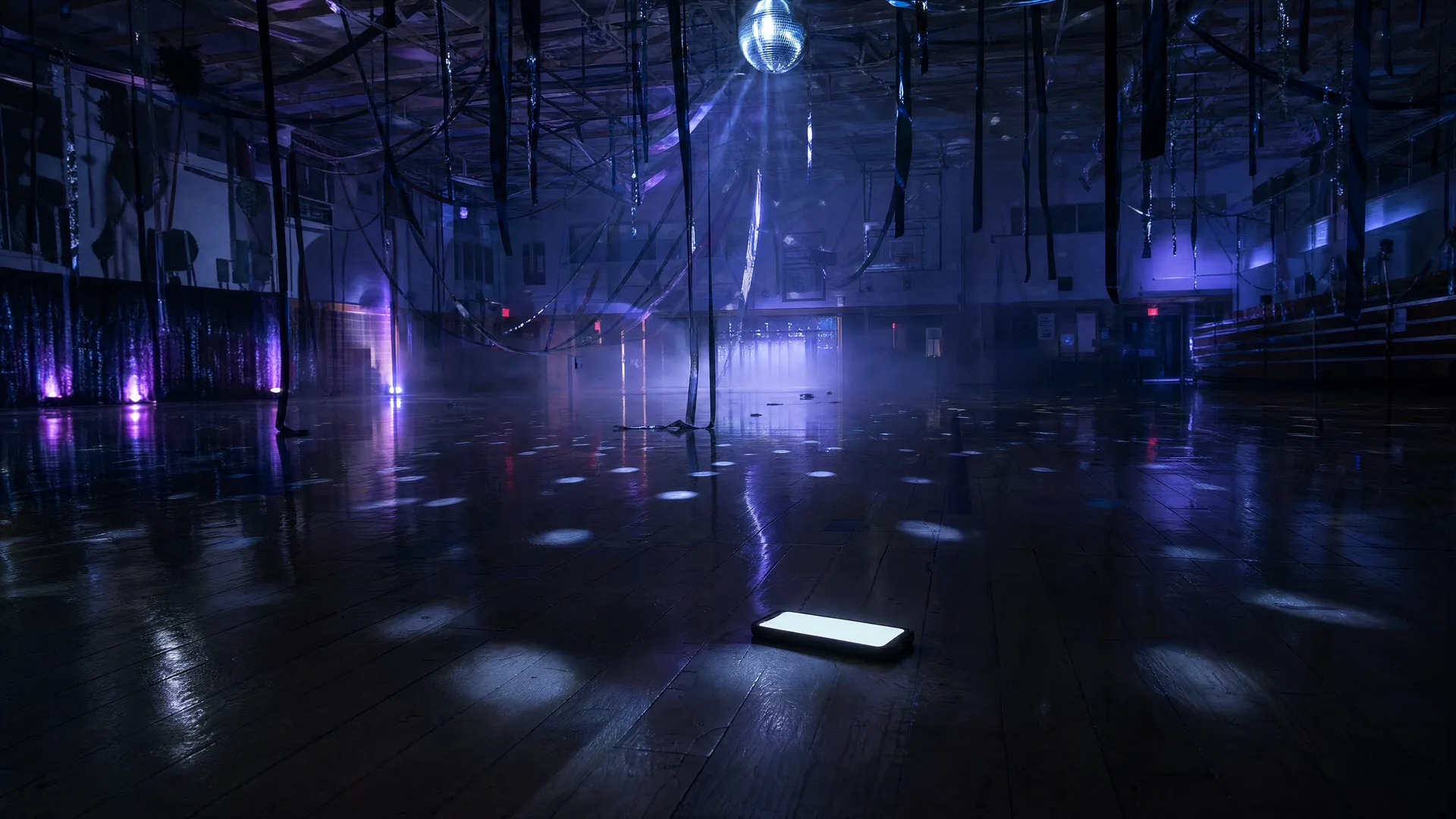 Empty school gym decorated for prom at night, a glowing smartphone lying on the floor under a mirror ball's scattered light.