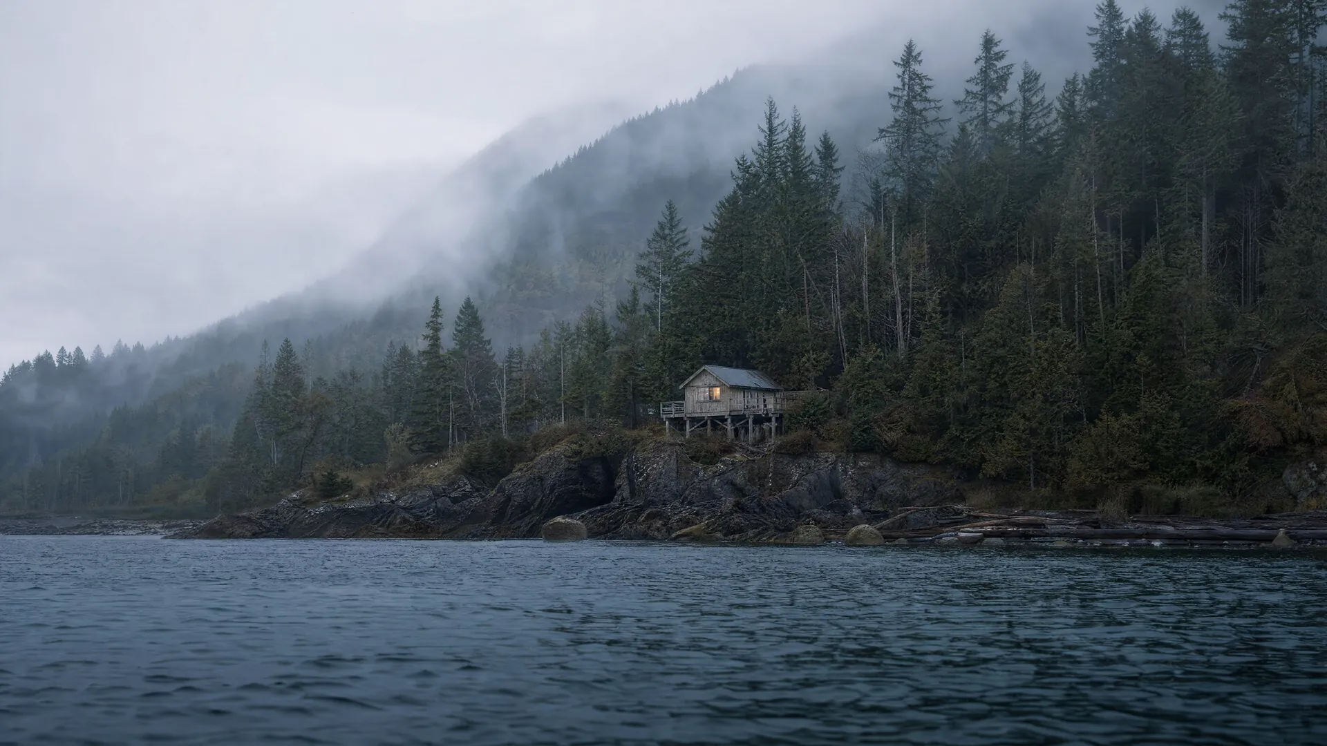 A secluded wooden house among misty evergreens on a gray coastline, one window softly lit under an overcast autumn sky.