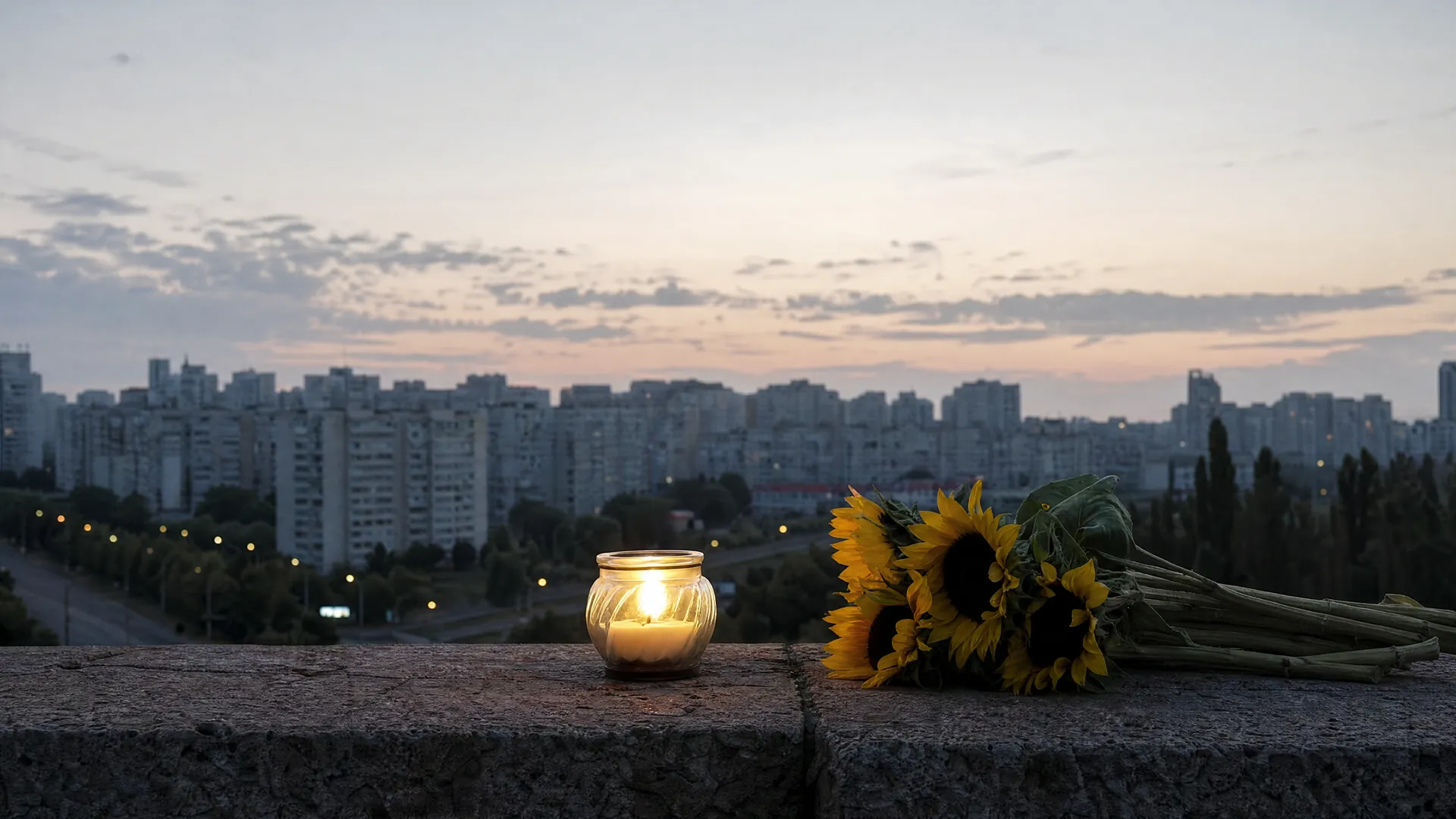 A candle and sunflowers on a stone ledge before apartment blocks at dawn in a Ukrainian city.