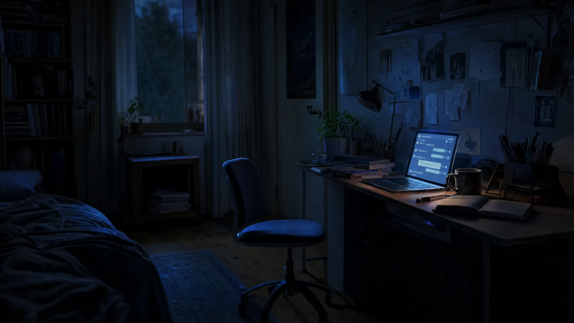A dark teenager's bedroom lit by the blue glow of a laptop on a desk with schoolbooks and an empty chair.