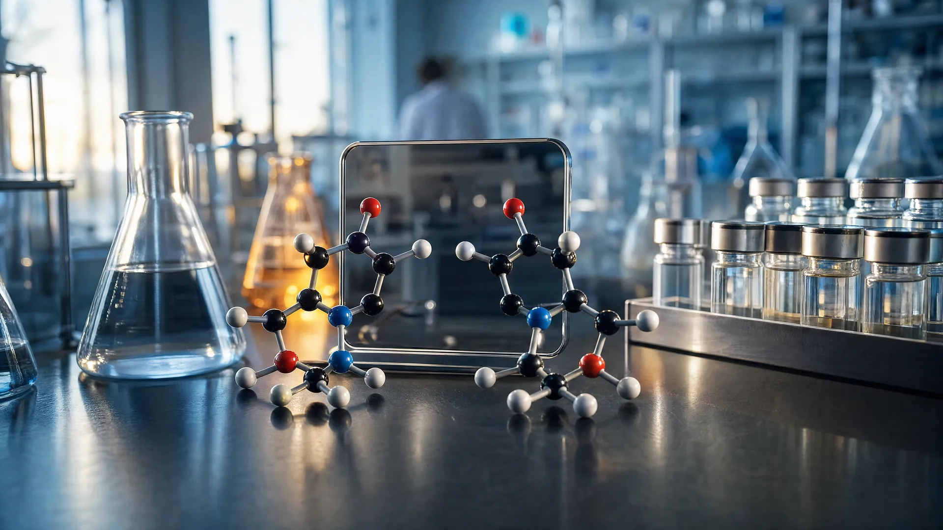 Two mirror-image molecular models on a dark lab bench, with blurred glass flasks and medicine vials glowing in soft light behind them.