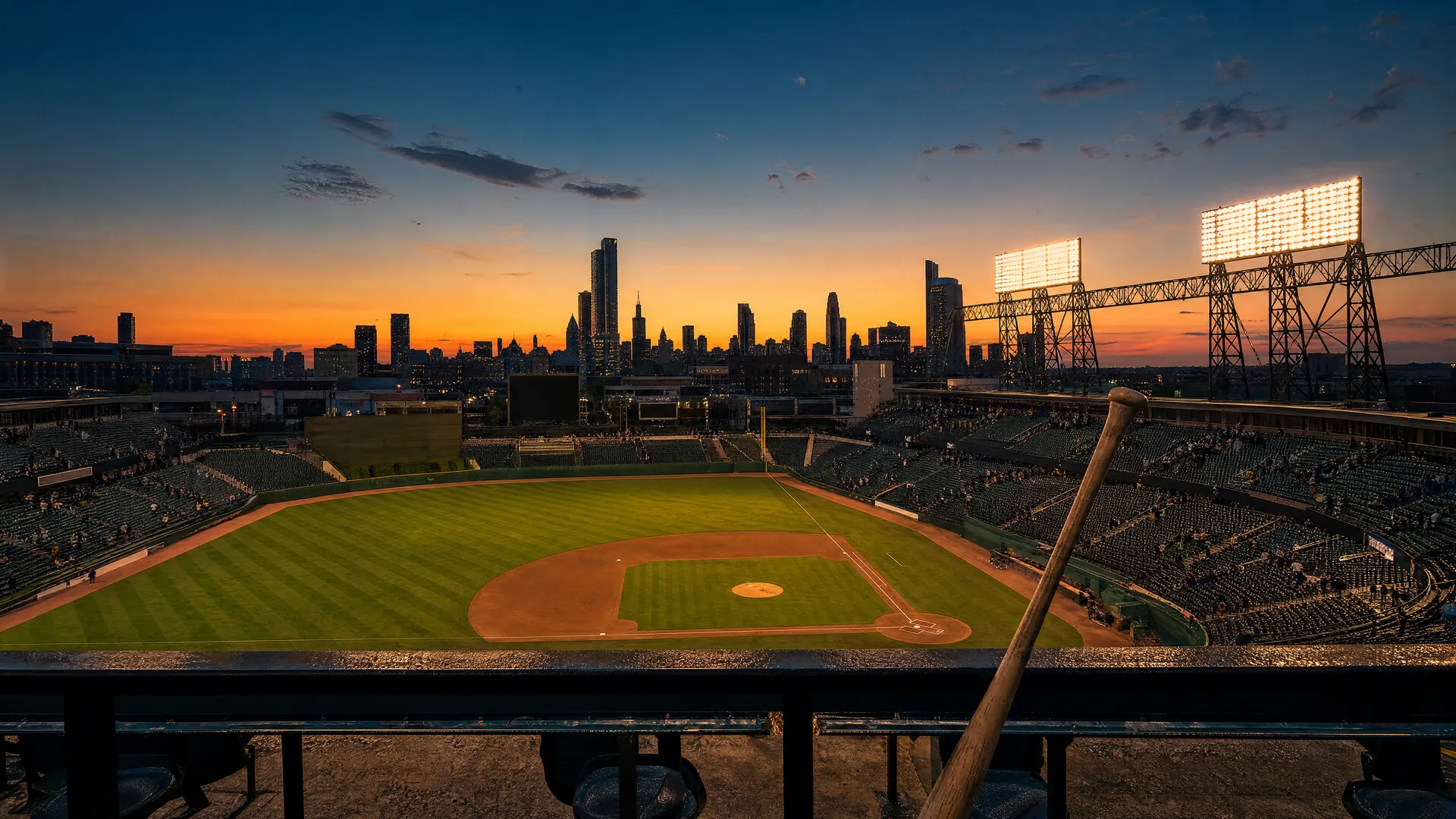 Empty baseball field at dusk under stadium lights, a bat leaning on the dugout rail as distant fans leave, city skyline beyond.