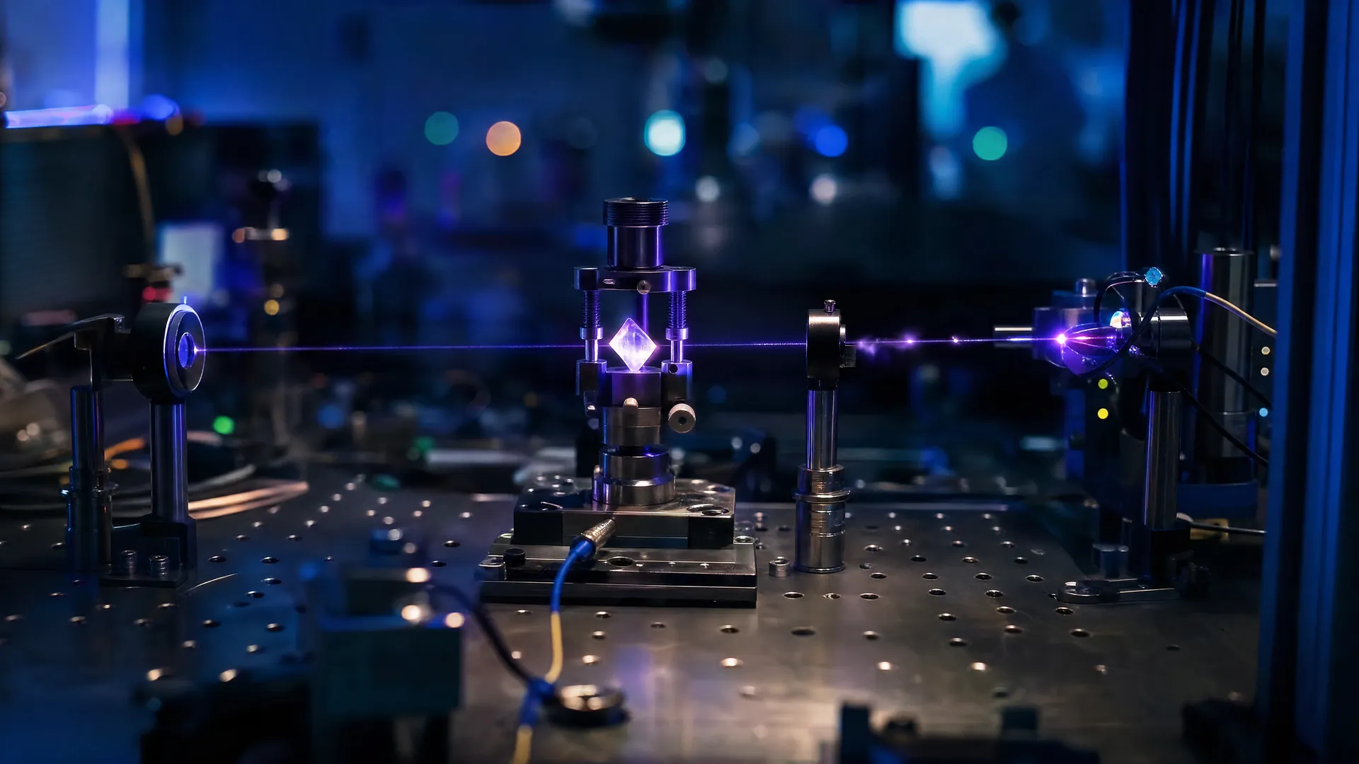 A small glowing crystal in a metal mount on a lab optics table, crossed by a thin violet laser beam amid mirrors and lenses.