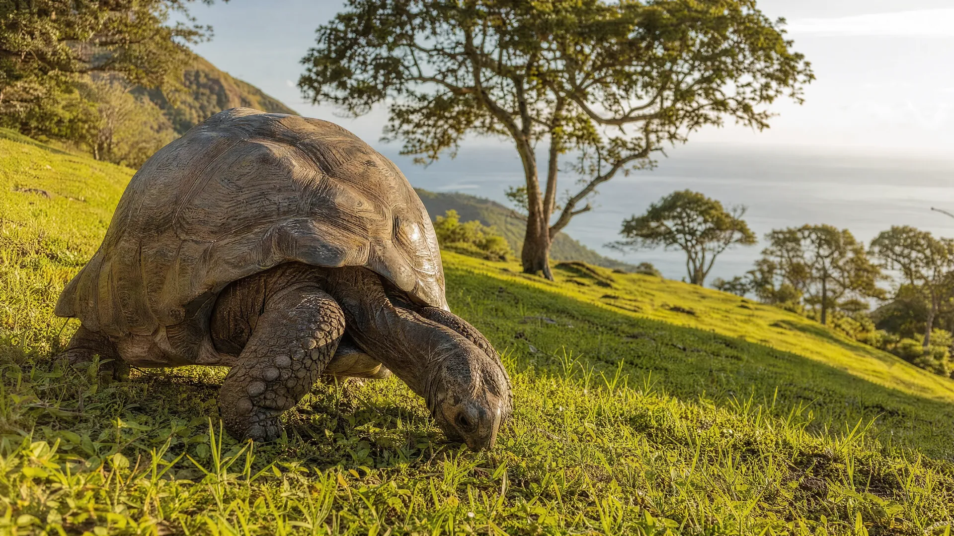 An old giant tortoise with a weathered, ridged shell grazes on a sunlit island lawn, with trees and a misty ocean horizon behind it.