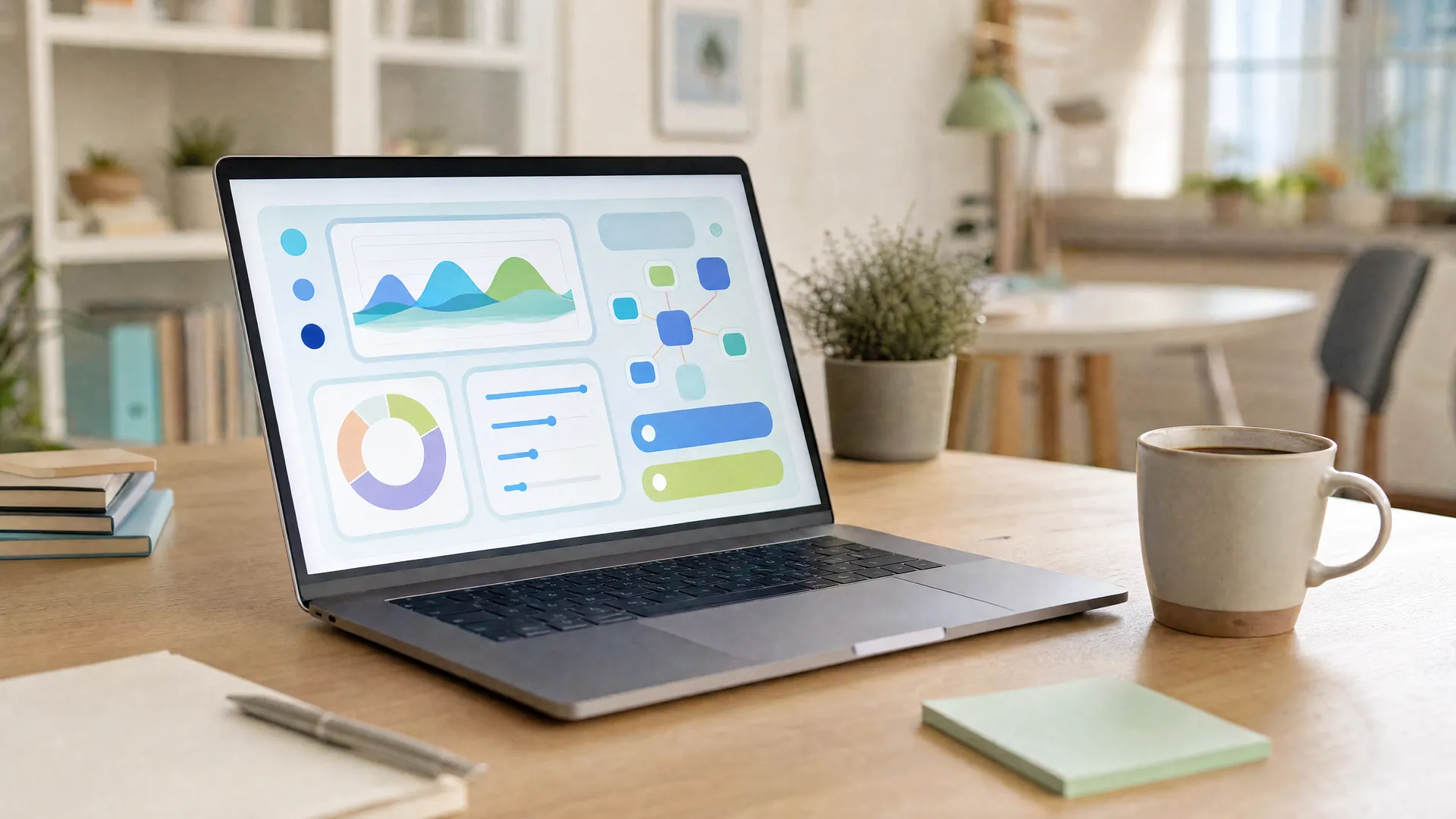 Laptop on a wooden desk showing an abstract screen of colorful charts, buttons and sliders, lit by soft morning window light.