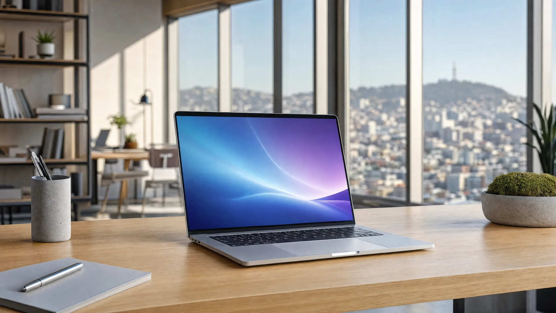 A sleek silver laptop on a wooden desk, its screen glowing with abstract blue and violet light, in a bright studio with city hills outside.