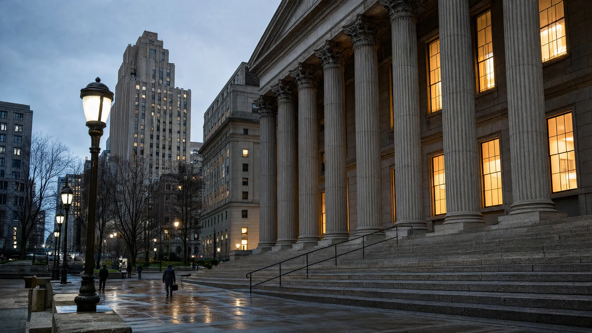 Columned federal courthouse in Manhattan at dusk, with lit windows, wet pavement and a few distant pedestrians on the plaza.