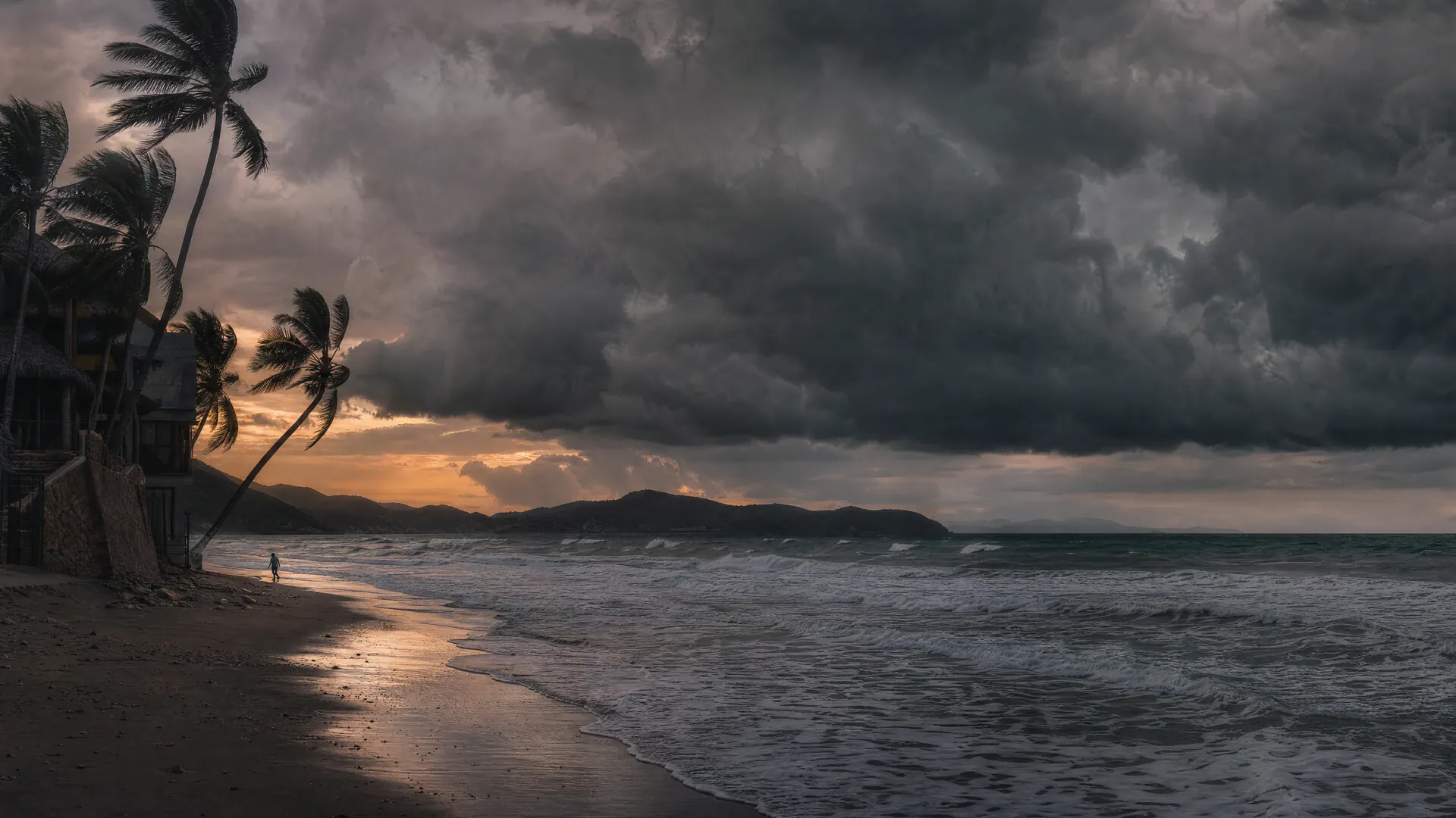 Dark storm clouds gather over a choppy Pacific sea and an empty palm-lined beach at dusk.