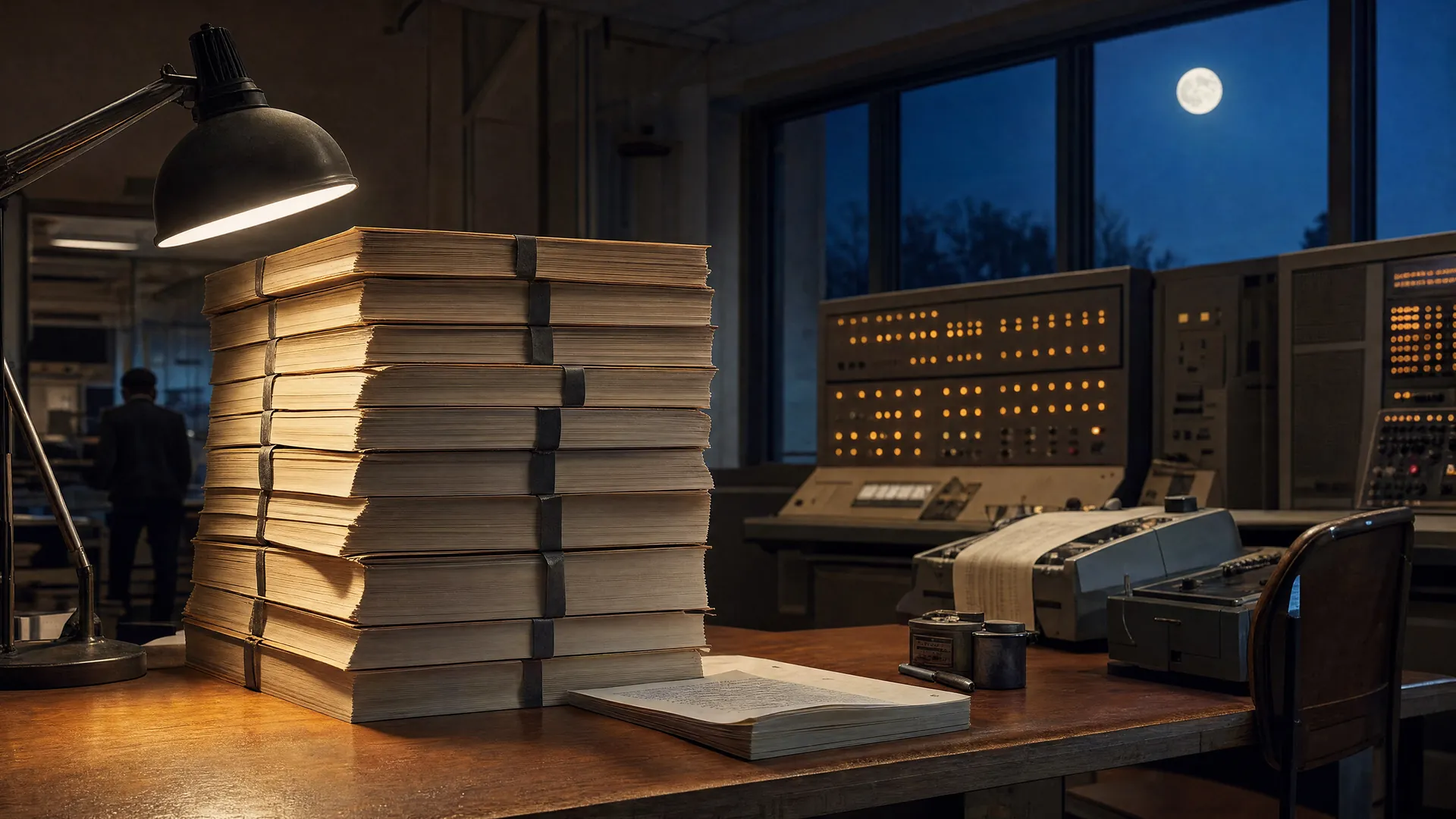 A tall stack of printed code listings on a desk in a vintage computer lab, with mainframe lights glowing and a full moon visible through the window.