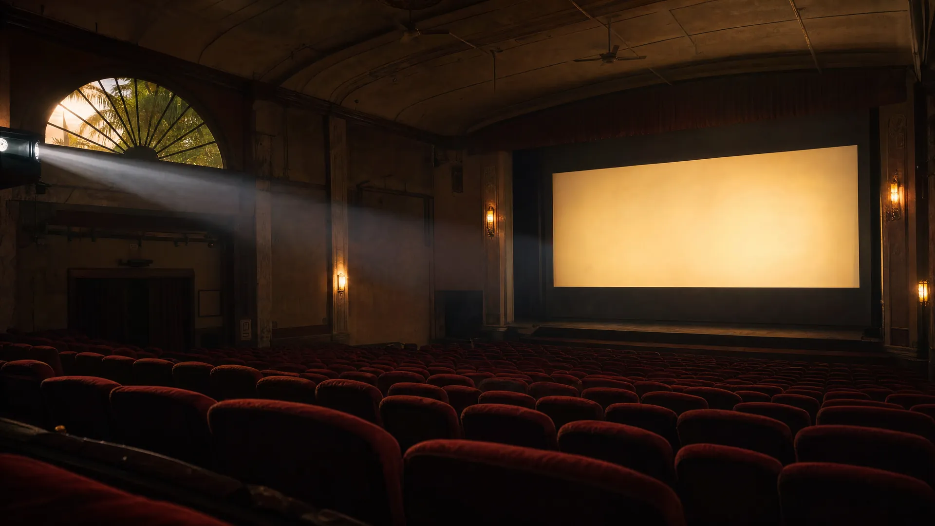 Empty old cinema hall with red velvet seats facing a blank glowing screen, a projector beam cutting through dusky amber light.