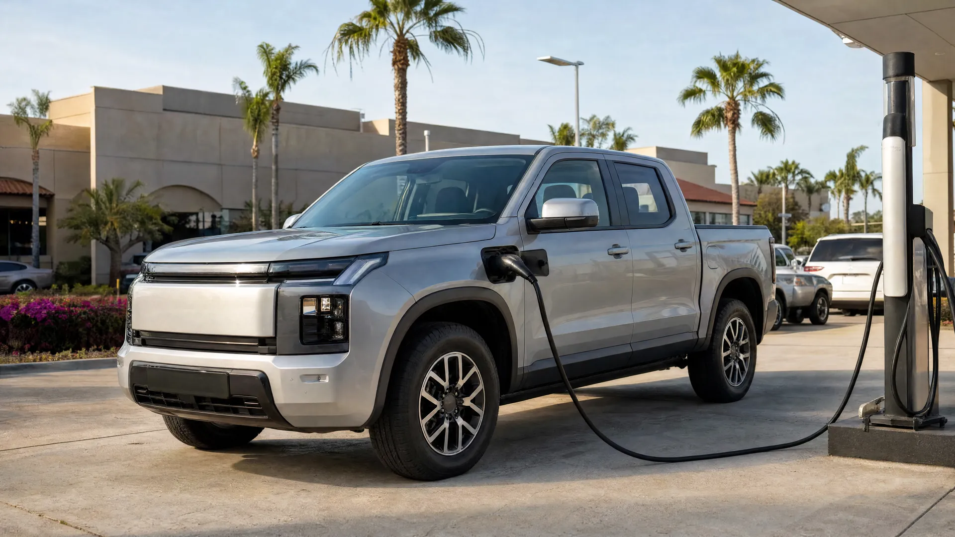 An unbranded silver pickup truck plugged into a charging cable on a sunny dealership lot with palm trees and stucco buildings behind.