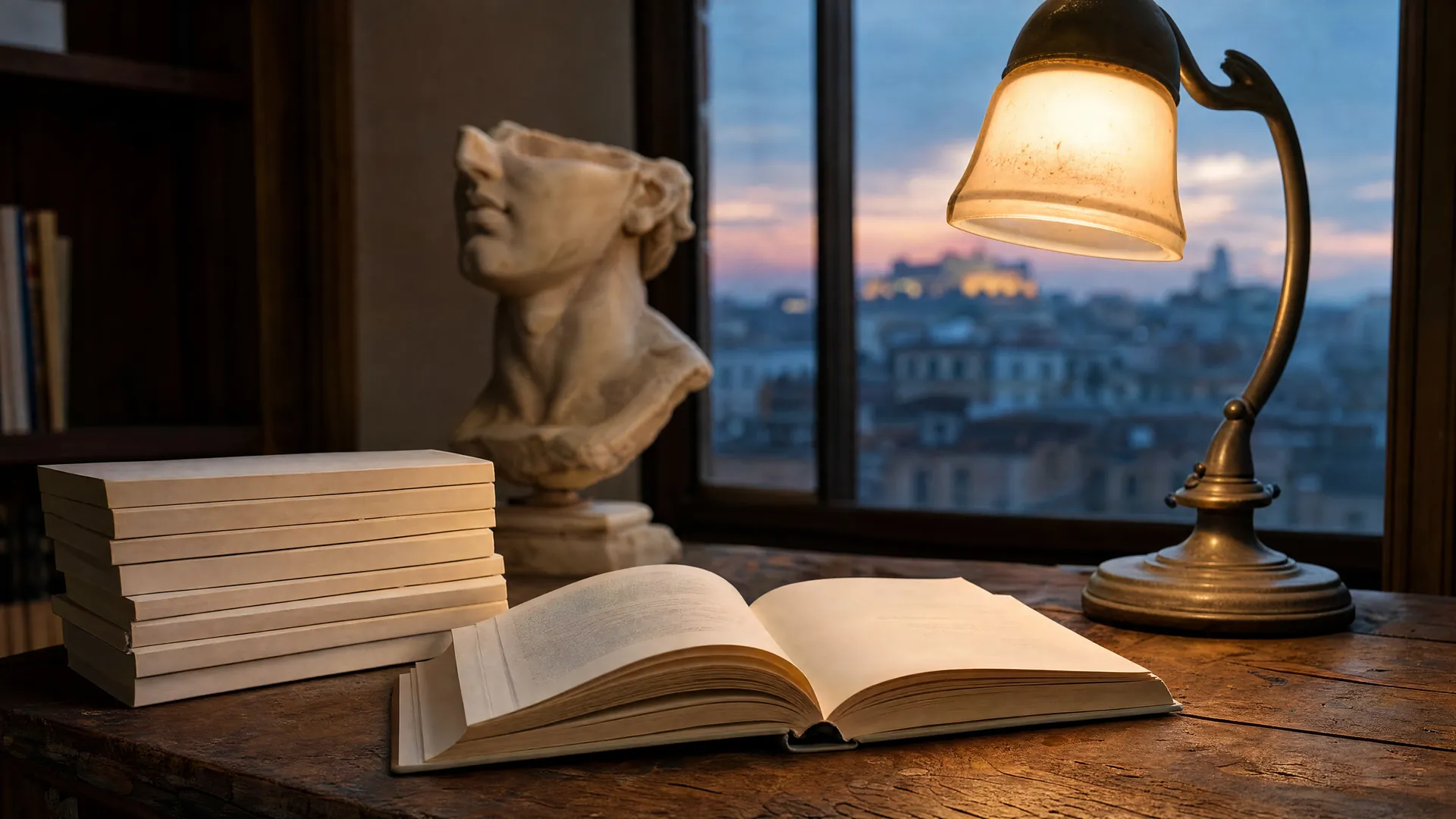 A stack of slim untitled books and an open book on a wooden desk, with a classical marble bust softly blurred behind in warm lamplight.