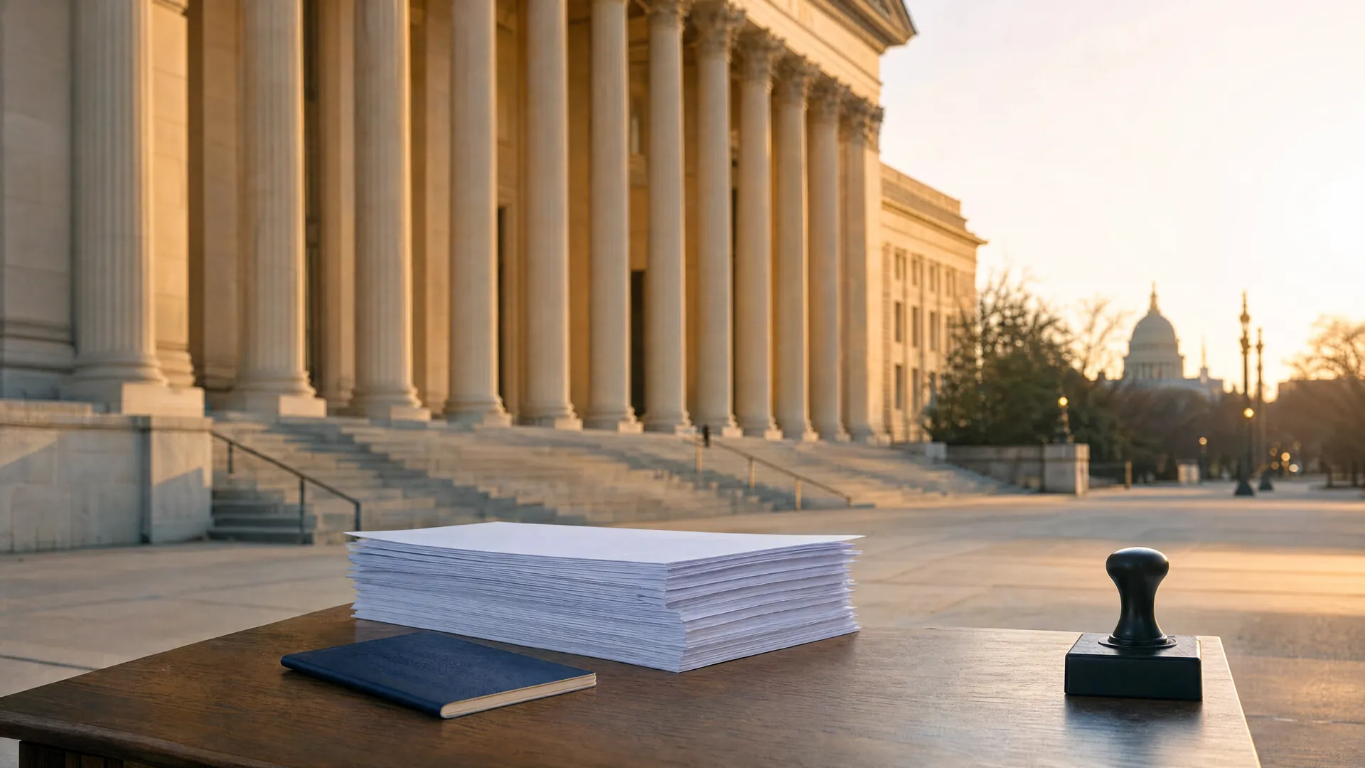 Blank immigration forms, a closed passport and a rubber stamp on a desk before a columned federal building in morning light.