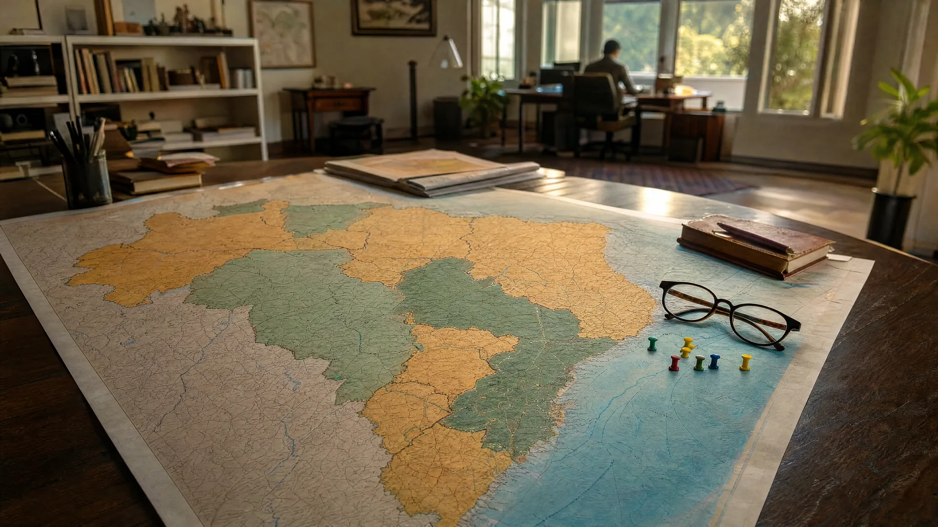 A paper map of Brazil on a wooden desk, states shaded in two colors, with pushpins and reading glasses in warm window light.