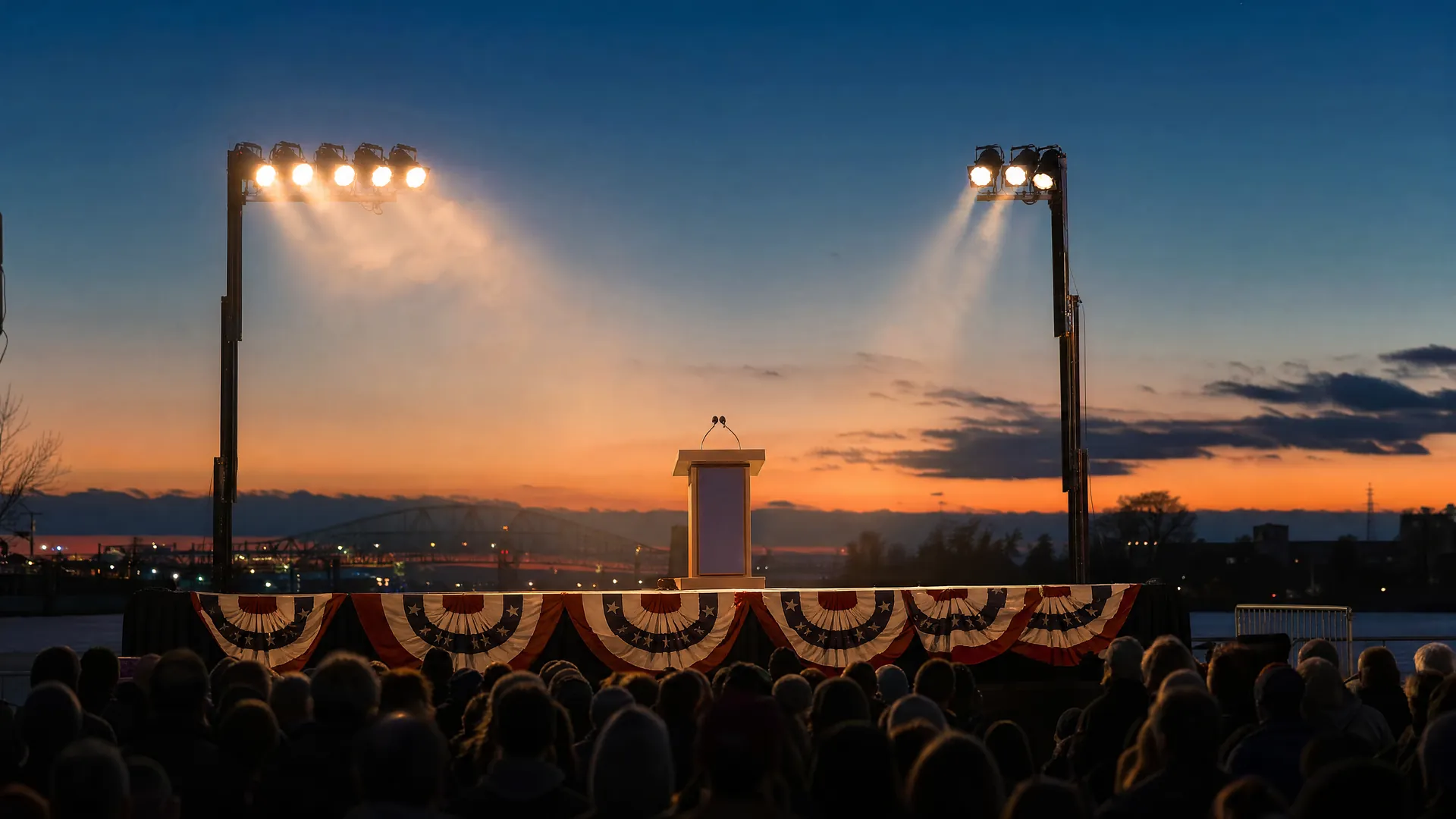 An empty lectern on an outdoor rally stage at dusk, lit by spotlights and draped in patriotic bunting, with a distant silhouetted crowd.