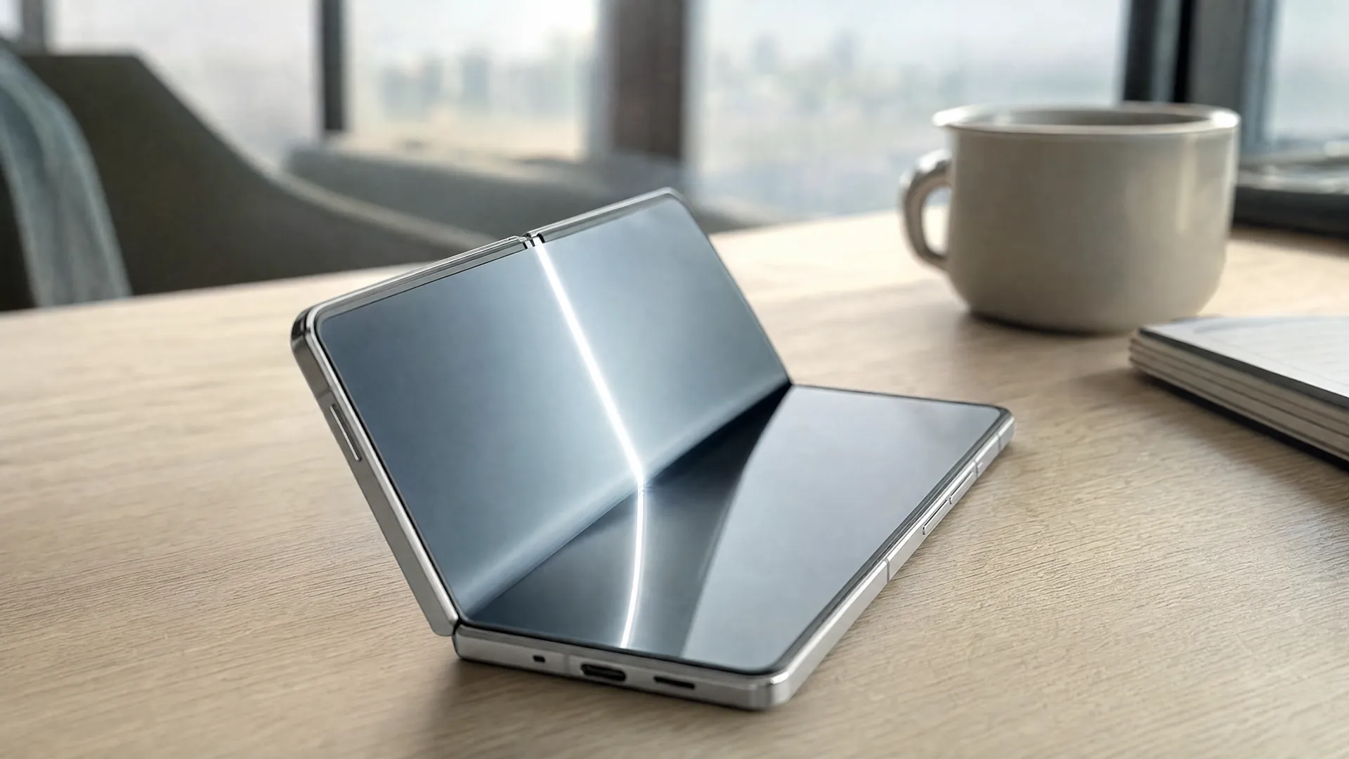 A partly unfolded foldable phone on a wooden desk, its inner screen showing a thin bright line near the hinge, in soft morning light.