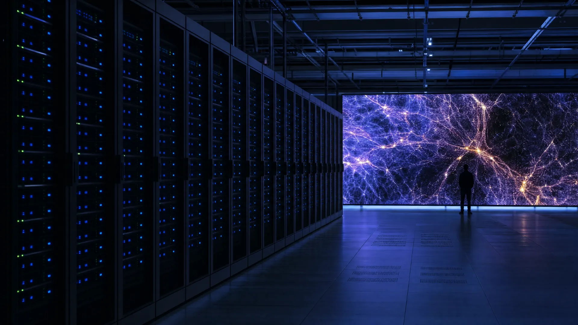 Rows of supercomputer cabinets with glowing lights face a large screen showing a glowing violet and gold cosmic web simulation.