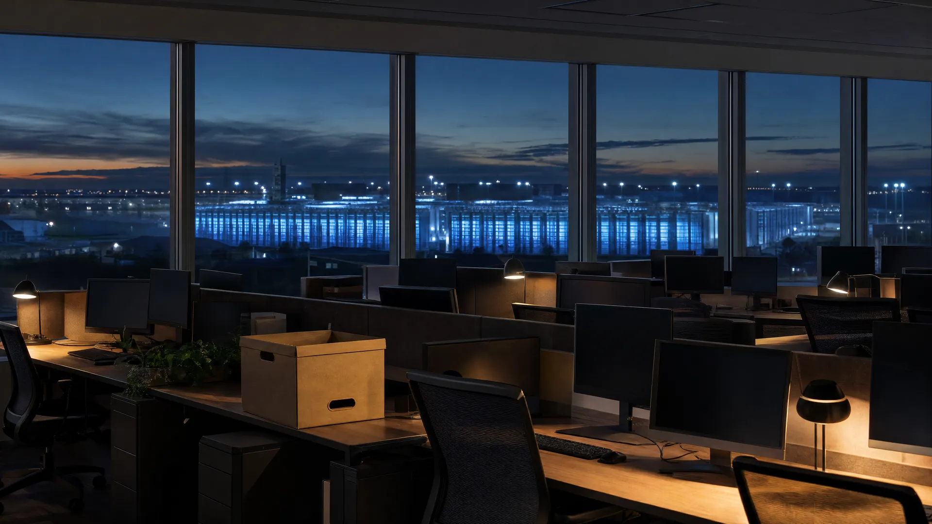 Empty office desks at dusk with one cardboard box, and a data center glowing blue through tall windows in the distance.
