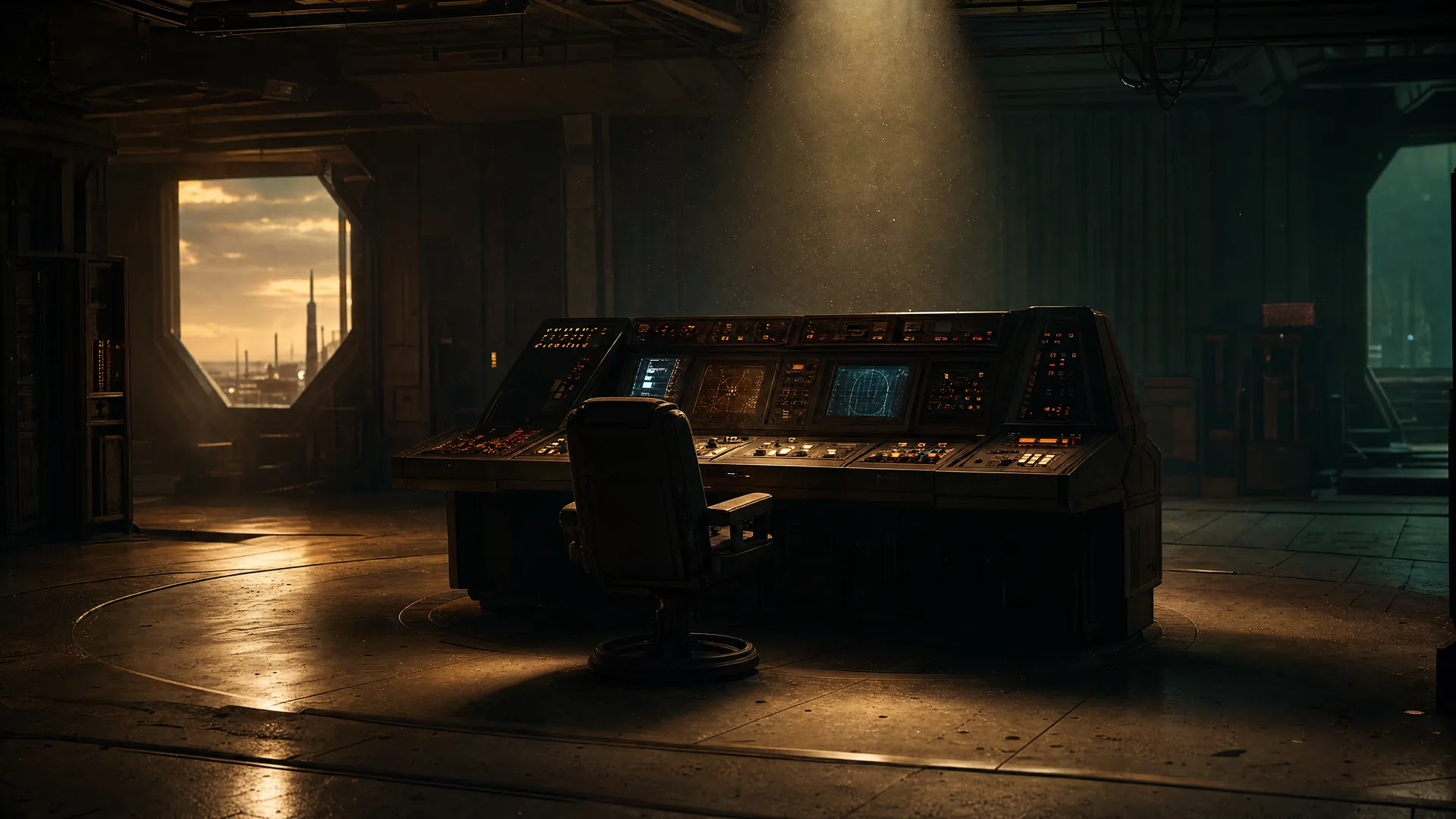An empty chair before a softly glowing retro starship navigation console on a dim, quiet soundstage lit by a single warm spotlight.