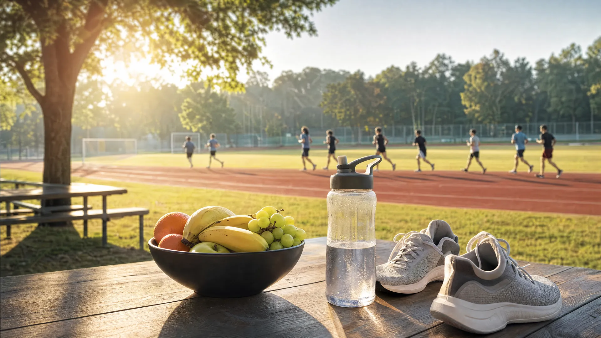Fruit bowl, water bottle and sneakers on a picnic table beside a sunny school track where distant teens jog in morning light.