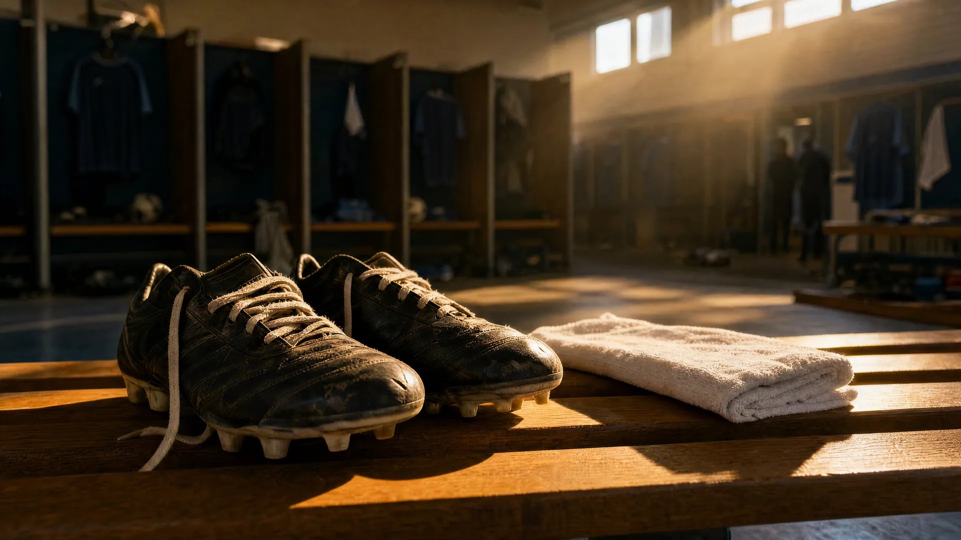 Worn football boots on a wooden bench in an empty locker room, lit by warm late-afternoon light.