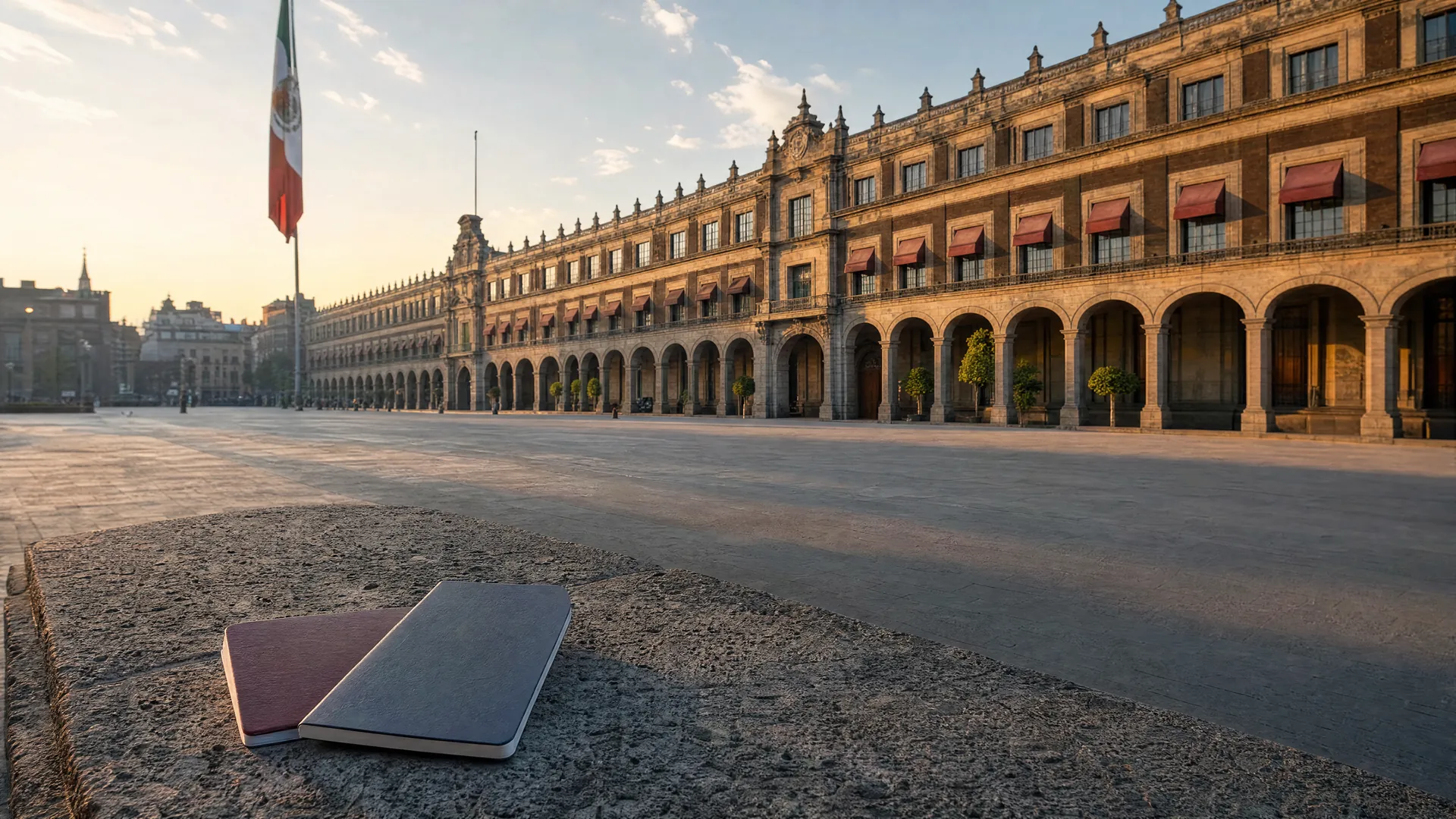 Two blank passport booklets on a stone ledge before an arched colonial government palace in soft morning light.
