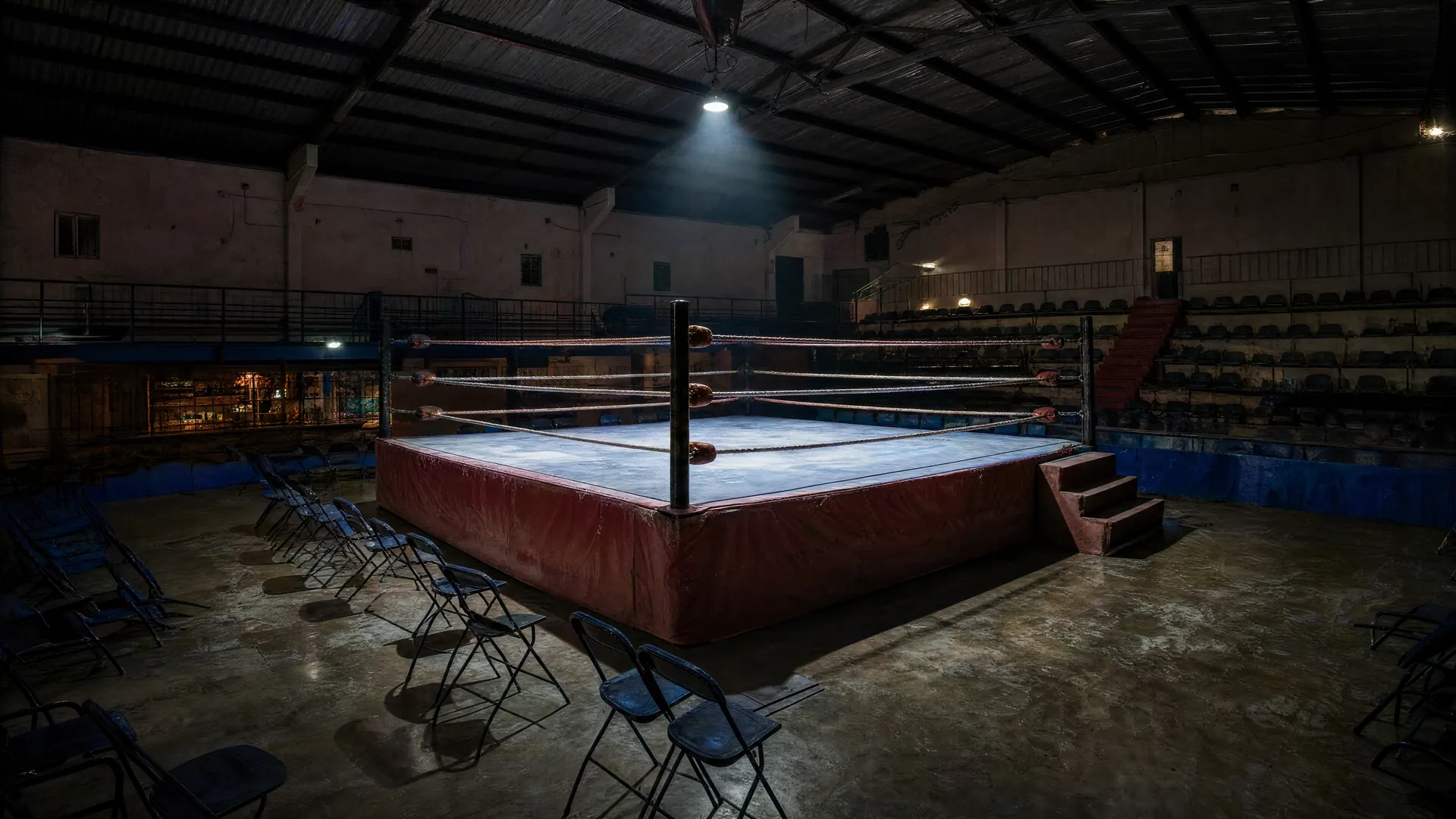 An empty wrestling ring in a dim, quiet arena, lit by a single spotlight and surrounded by vacant folding chairs.