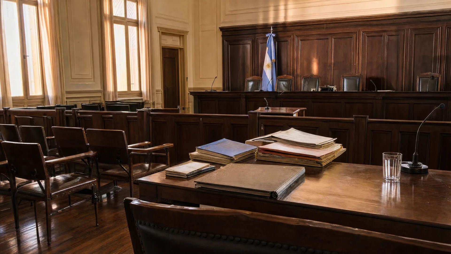 Empty courtroom with a wooden judges' bench, vacant chairs and a closed medical file on a table, lit by soft morning window light.